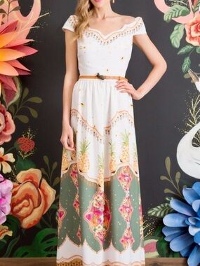 White & Green Pineapple Border Maxi Dress